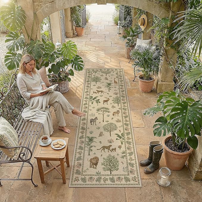 2x6 Easy Jute Runner Rug Washable Brown Printed Hallway Outdoor Rug for Patio Lightweight Non Slip No Sheding Carpet Entryway Bathroom Backyard Porch Kitchen