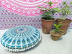 INDIAN CRAFT CASTLE 24" Green Peacock Mandala Barmeri Large Floor Pillow Cover Cushion Meditation Seating Ottoman Throw Cover Hippie Decorative Zipped Bohemian Pouf Ottoman Pom Pom Cases 24" Round
