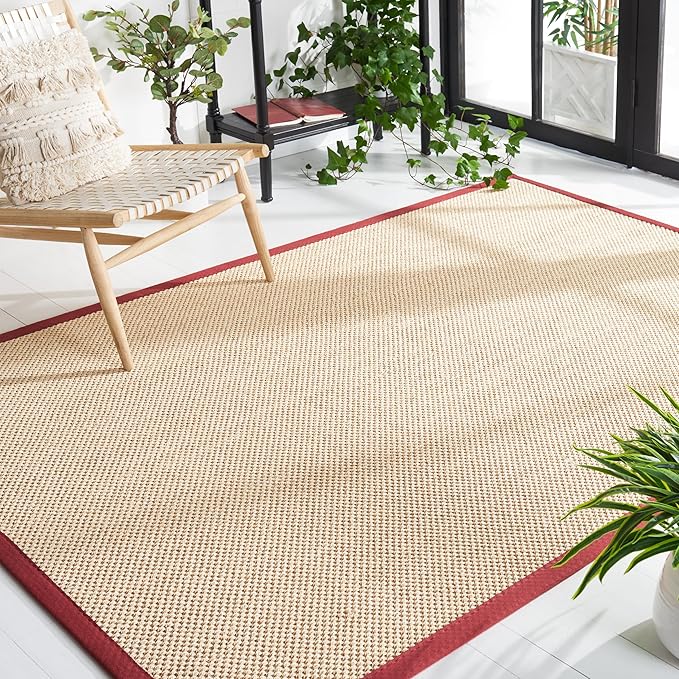 SAFAVIEH Area Rug 4x6 - Natural Fiber Collection - Maize & Burgundy, Sisal, Woven Design with Border (NF141D)