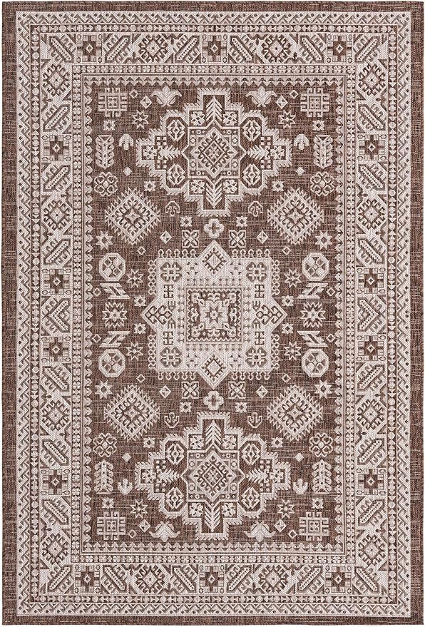 Rugs.com Outdoor Aztec Collection Rug – 5' x 8' Brown Flatweave Rug Perfect for Living Rooms, Large Dining Rooms, Open Floorplans