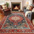 YJ.GWL Area Rugs for Living Room 5x7 Machine Washable Rugs, Non Slip Floral Vintage Rug Indoor Carpet, Stain Resistant Large Rug for Bedroom Dining Room, Orange-Red
