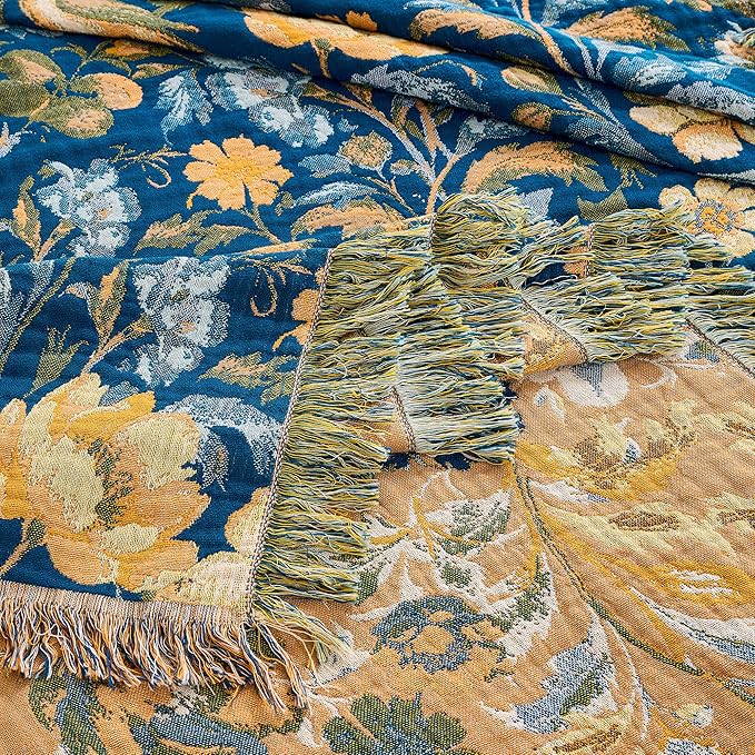 Boho Throw Blanket, 100% Organic Cotton Breathable Ultra Soft 50" x 60" Bed Quilt Blue Throw - All Season Bird Floral Rustic Farmhouse Decor Reversible Blanket for Couch Chair and Gift