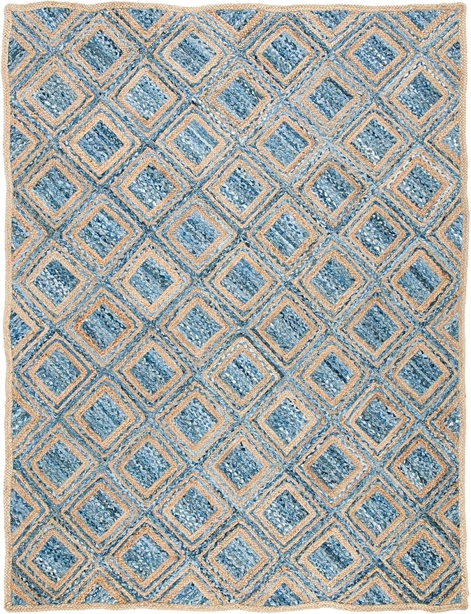 SAFAVIEH Cape Cod Collection X-Large Area Rug - 11' x 15', Natural & Blue, Handmade Flat Weave Diamond Braided Jute & Denim, Ideal for High Traffic Areas in Living Room, Bedroom (CAP354A)
