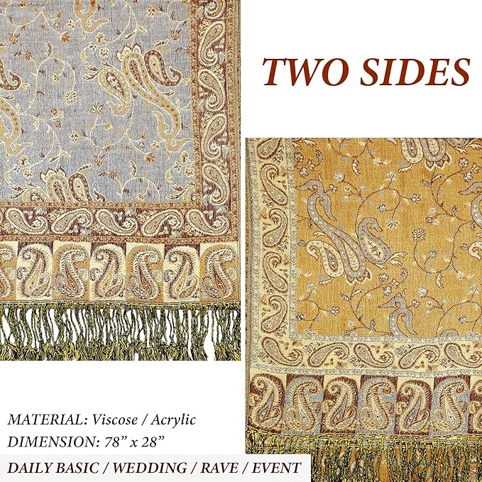 Achillea Reversible Paisley Pashmina Rave Scarf – Exotic Indian Shawls and Wraps for Evening Dresses, Festivals, All Seasons