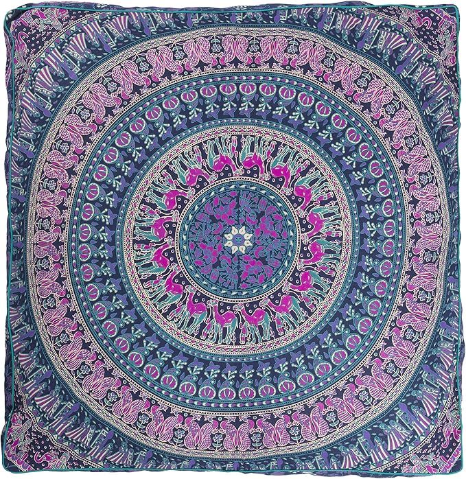 Popular Handicrafts Floor Pillow Cushion Cover - Hippie Mandala Square Ottoman Indian Elephant Camel Daybed Oversized Cotton Cushion Cover with Heavy Duty Zipper - Dog-Pets Bed, 35" Blue Pink