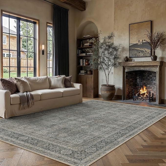 Vintage Area Rug 8x10 Grey Brown Washable Living Room Large Carpet Non Slip Bedroom Indoor Office Low Pile Traditional Distressed Retro Accent Rug for Dining Room