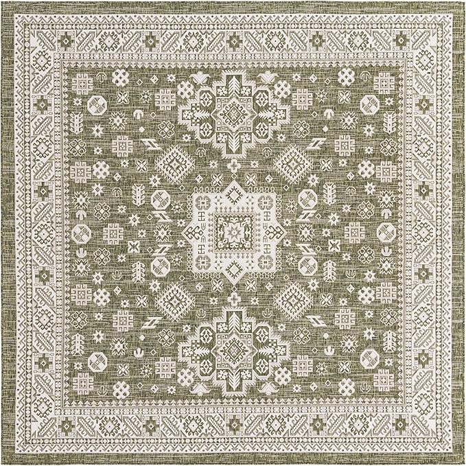Rugs.com Outdoor Aztec Collection Rug – 10 Ft Square Green Flatweave Rug Perfect for Living Rooms, Kitchens, Entryways