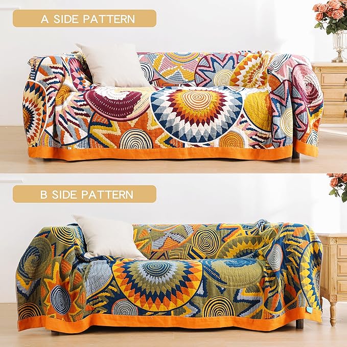 Boho Throw Blanket, 100% Organic Muslin Cotton Skin-Friendly Breathable Ultra Soft Bed Quilt Throw - All Season Decor Colorful Blanket for Sofa Couch Chair and Gift. 91" x 108"