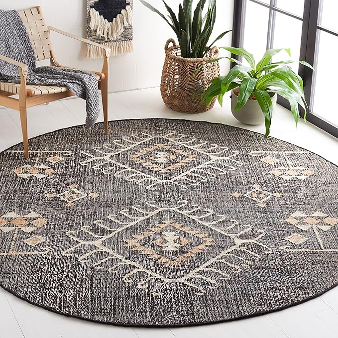 SAFAVIEH Kilim Collection Area Rug - 9' Round, Black & Ivory, Handmade Flatweave Boho Tribal Jute, Ideal for Living Room, Bedroom, Dining Room (KLM762Z-9R)