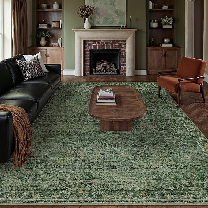 HUGEAR Area Rug 6x9 Retro Green Machine Washable Living Room Rugs Distressed Vintage Floral Vacuumable Low Pile Carpet Bedroom Office Dining Room Laundry Room Non Slip Soft Lightweight
