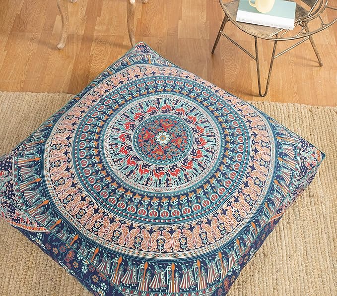 Popular Handicrafts Floor Pillow Cushion Cover - Hippie Mandala Square Ottoman Indian Elephant Camel Daybed Oversized Cotton Cushion Cover with Heavy Duty Zipper - Dog-Pets Bed, 35" Blue Multicolor