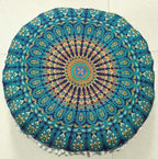 INDIAN CRAFT CASTLE 24" Blue Peacock Mandala Barmeri Large Floor Pillow Cover Cushion Meditation Seating Ottoman Throw Cover Hippie Decorative Zipped Bohemian Pouf Ottoman Pom Pom Cases 24" Round