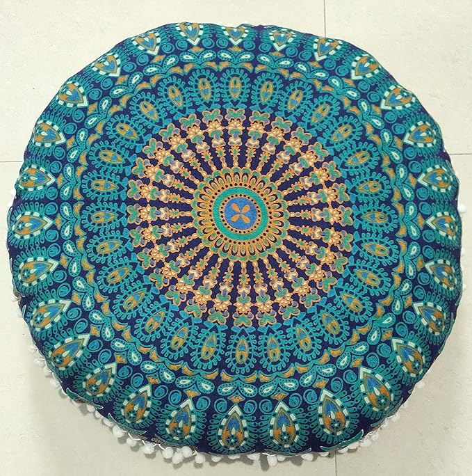 INDIAN CRAFT CASTLE 24" Blue Peacock Mandala Barmeri Large Floor Pillow Cover Cushion Meditation Seating Ottoman Throw Cover Hippie Decorative Zipped Bohemian Pouf Ottoman Pom Pom Cases 24" Round