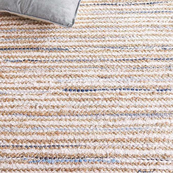 SAFAVIEH Cape Cod Collection Area Rug - 6' Square, Natural & Light Blue, Handmade, Braided Design, Ideal for The Living Room, Bedroom, Dining Room (CAP151L-6SQ)
