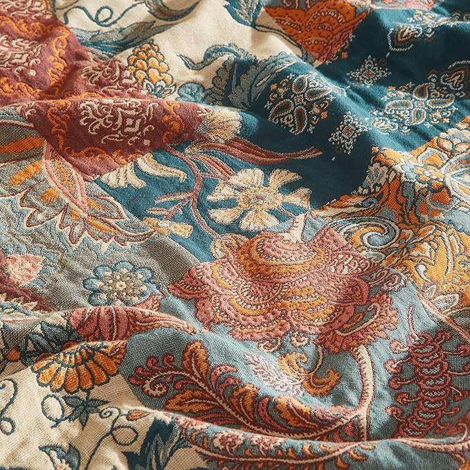 Boho Throw Blanket for Bed 90”x108”, 100% Cotton Woven Blanket for Couch Sofa, Ultra Soft 4-Layer Muslin Quilt with Patchwork Floral Printed, Farmhouse Bed Blanket/Cover for Living Room Decor