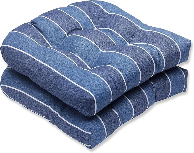 Pillow Perfect Stripe Indoor/Outdoor Chair Seat Cushion, Tufted, Weather, and Fade Resistant, 19" x 19", Blue/White Wickenburg, 2 Count