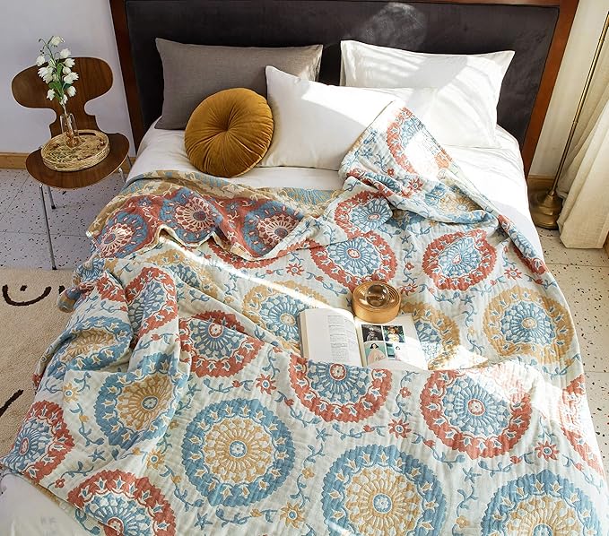 Scientific Sleep Boho Round Retro Farmhouse 100% Cotton Muslin Blanket Throw Cover for Bed Couch Sofa Cozy Soft Reversible Bedding Blanket Bedspread Coverlet Full Queen 80 in x 90 in