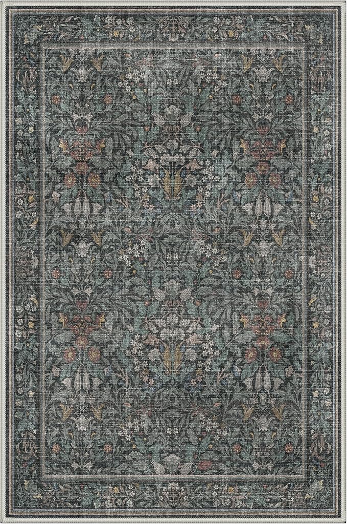 Washable 2x3 Rug, Small Entryway Rug Indoor, Non-Slip Vintage Floral Throw Rug for Front Door, Kitchen, Bathroom, Low Pile Boho Floor Mat, Charccoal Green