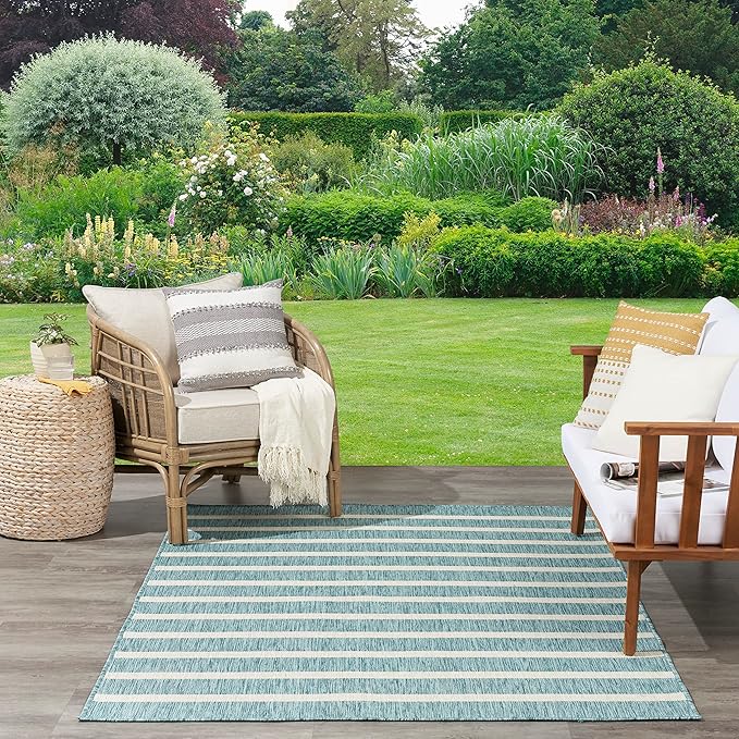 Nourison Home Positano Aqua Ivory 5' x 7' Area Rug - Easy Clean, Non Shedding, Bed Room, Living Room, Dining Room, Kitchen (5' x 7')