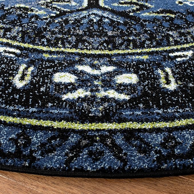 SAFAVIEH Vintage Hamadan Collection Area Rug - 8' Round, Blue & Grey, Traditional Persian Design, Non-Shedding & Easy to Clean, Ideal for Living Room, Bedroom, Dining Space (VTH211N)