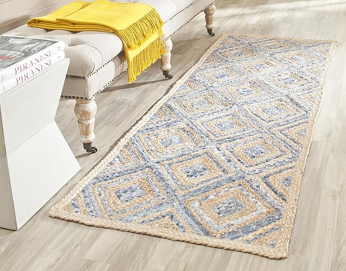 SAFAVIEH Cape Cod Collection Runner Rug - 2'3" x 14', Natural & Blue, Handmade Flat Weave Diamond Braided Jute & Denim, Ideal for High Traffic Areas in Living Room, Bedroom (CAP354A)