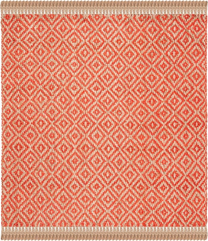 SAFAVIEH Natural Fiber Collection Area Rug - 6' Square, Fuchsia & Natural, Handmade Boho Diamond Tassel Jute, Ideal for High Traffic Areas in Living Room, Bedroom (NF266G)