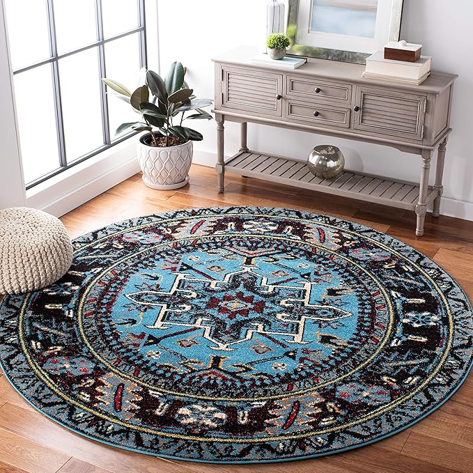 SAFAVIEH Vintage Hamadan Collection Area Rug - 3' Round, Light Blue & Black, Traditional Persian Design, Non-Shedding & Easy to Clean, Ideal for Living Room, Bedroom, Dining Space (VTH211M)