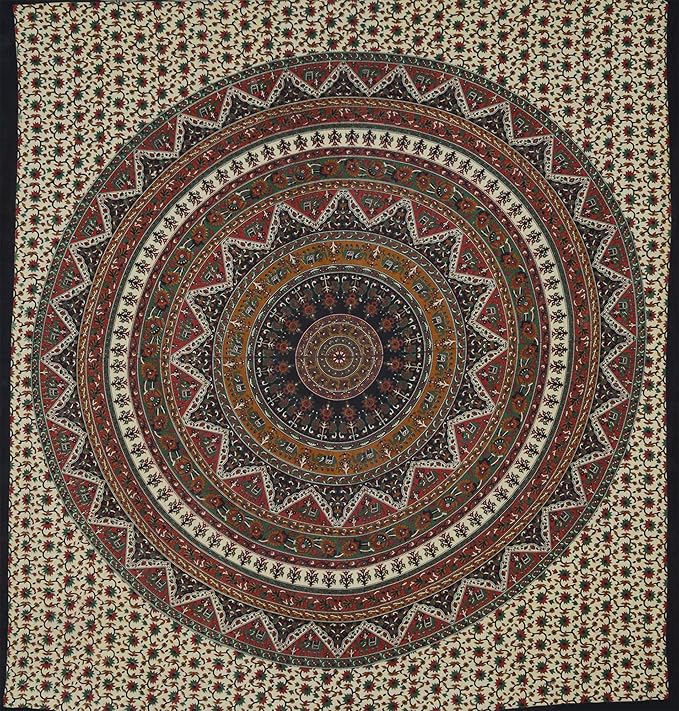 Popular Handicrafts Wall Hanging Tapestry For Bedroom Hippie Psychedelic Mandala Bohemian Hippy Intricate Floral Design Indian Tapestries Bedspread 84 x 90 Inches (215cm x 230cm) Green Red