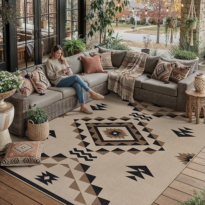 8x10 Easy Jute Outdoor Patio Rug Washable Brown Boho Floral Area Rug for Living Room Lightweight Non Slip No Sheding Carpet Balcony Farmhouse Bedroom Backyard Dining Room Deck