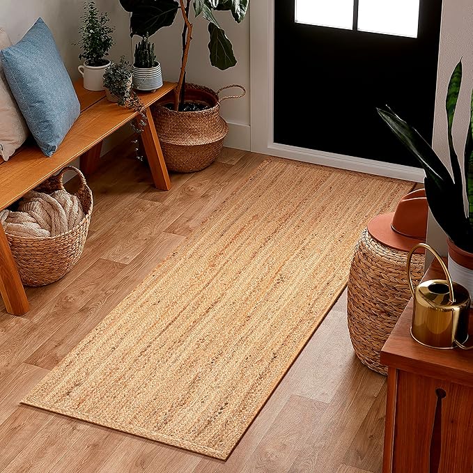Jute Braided Runner Rug, Natural - 2x6 Feet, Farmhouse Hand Woven Coastal Runners for Hallways, Kitchen, Bedroom, Entry Door | Neutral Boho Beige Floor Carpet for Nursery, Balcony - 24x72 Inches