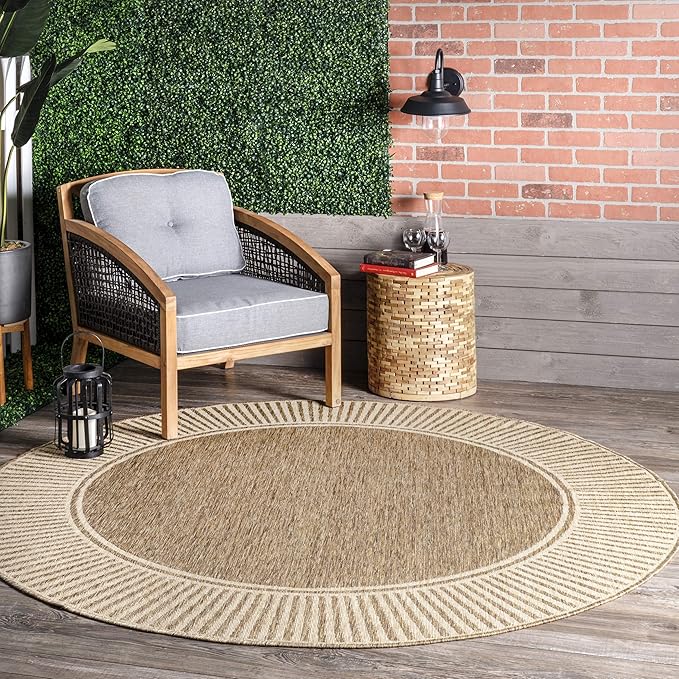 Nuloom Asha Light Brown/Ivory, 6'7" x 9', Casual, Striped Border, Soft and Cozy, High Traffic, Stain Resistant, Easy Clean, Durable Area Rug for Indoor/Outdoor Patio, Deck, Porch, Garden, Courtyard