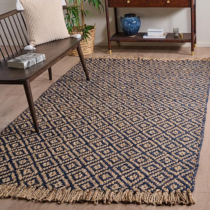 SAFAVIEH Natural Fiber Collection Area Rug - 5' x 8', Tropical Blue & Natural, Handmade Boho Diamond Tassel Jute, Ideal for High Traffic Areas in Living Room, Bedroom (NF266D)