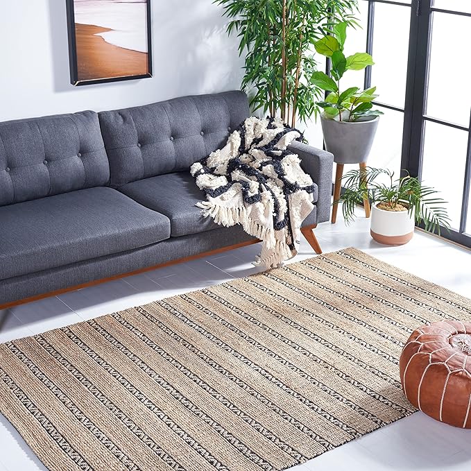 SAFAVIEH Natural Fiber Collection Area Rug - 9' x 12', Black & Natural, Handmade Flat Weave Stripe Jute & Cotton Jute, Ideal for High Traffic Areas in Living Room, Bedroom (NFB655Z)