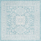 Rugs.com Outdoor Aztec Collection Rug – 5 Ft Square Aqua Flatweave Rug Perfect for Living Rooms, Kitchens, Entryways