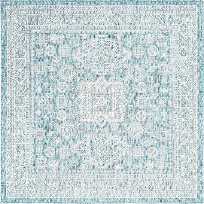 Rugs.com Outdoor Aztec Collection Rug – 5 Ft Square Aqua Flatweave Rug Perfect for Living Rooms, Kitchens, Entryways