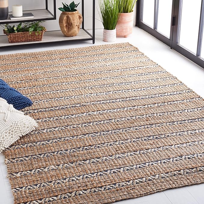 SAFAVIEH Natural Fiber Collection Accent Rug - 3' x 5', Navy & Natural, Handmade Flat Weave Stripe Jute & Cotton Jute, Ideal for High Traffic Areas in Entryway, Living Room, Bedroom (NFB655N)