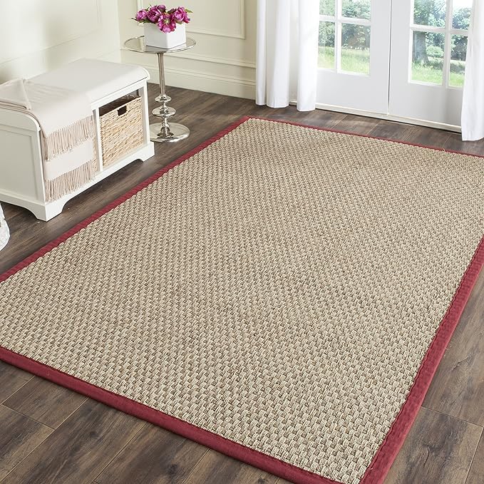 SAFAVIEH Area Rug 5x8 - Natural Fiber Collection - Natural & Red, Seagrass, Basketweave Pattern with Border (NF114D)