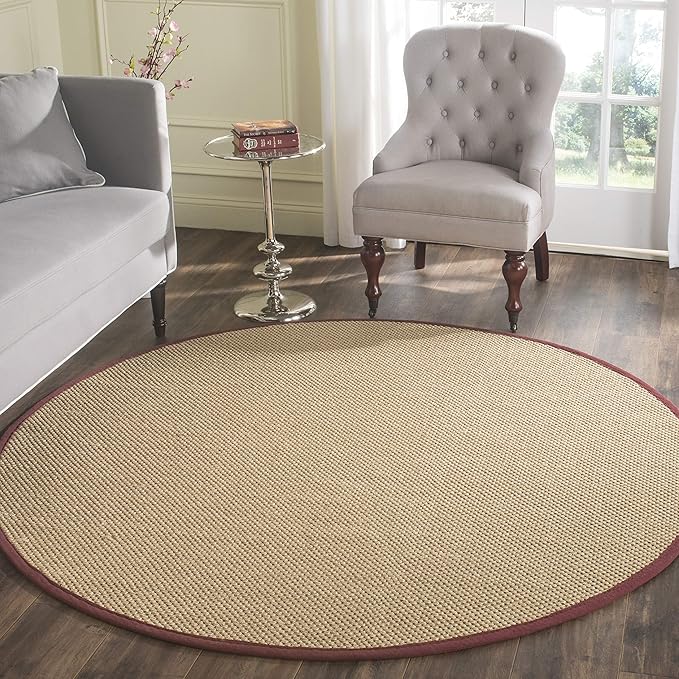 SAFAVIEH Area Rug 4' Round - Natural Fiber Collection - Maize & Burgundy, Sisal, Woven Design with Border (NF141D)
