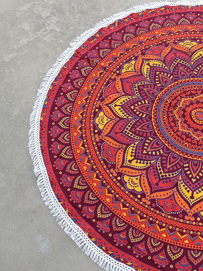 Round Beach Tapestry Turquoise Mandala Throw/Boho Hippie Beach Blanket Roundie/Indian Cotton Bohemian Large Round Table Cloth-Home Decor/Yoga Mat Meditation Picnic Rug (42", Orange)