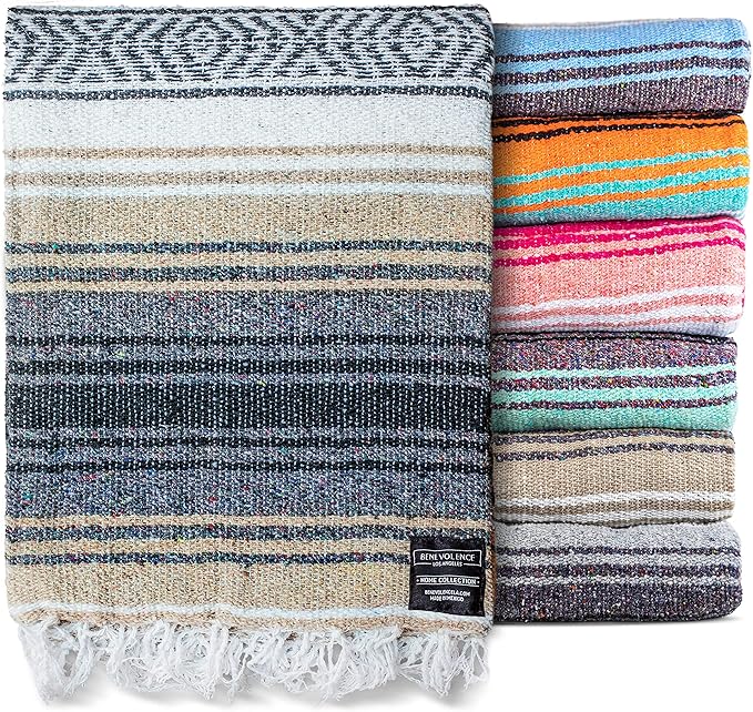 Benevolence LA Authentic Handwoven Mexican Blanket | Yoga Blankets, Outdoor, Picnic, Beach, Camping | Equestrian Saddle | Serape 50x70 inches - Sand, Pack of 1
