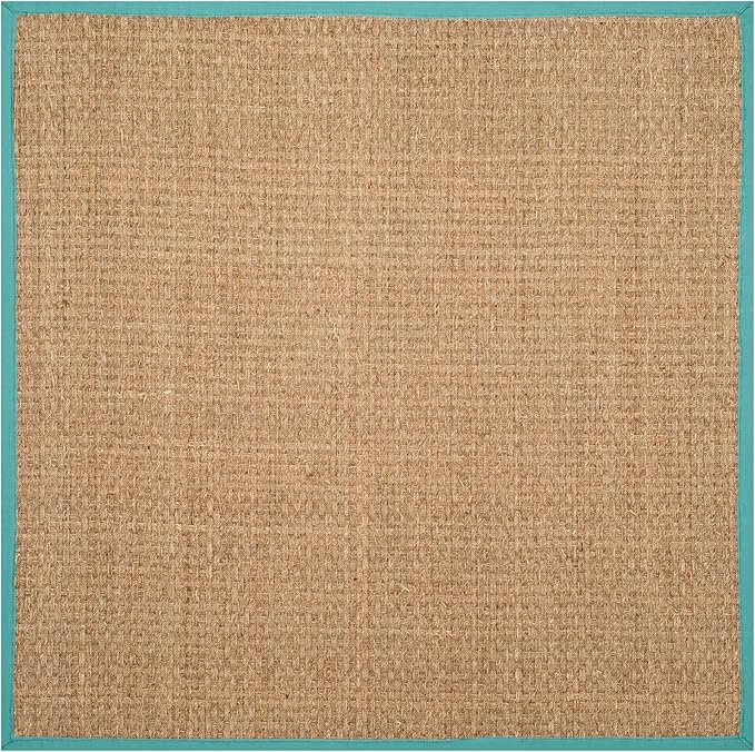 SAFAVIEH Area Rug 6' Square - Natural Fiber Collection - Natural & Teal, Seagrass, Basketweave Pattern with Border (NF114R)