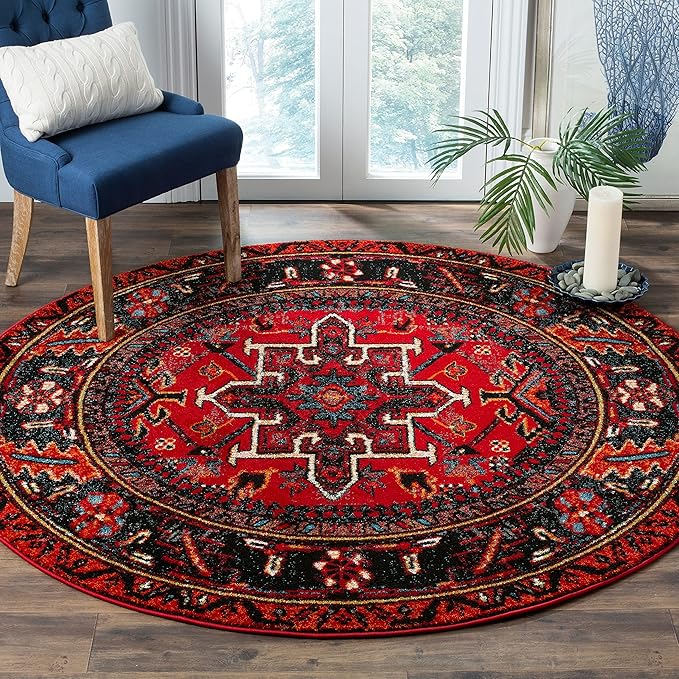 SAFAVIEH Vintage Hamadan Collection Area Rug - 4' Round, Red & Multi, Traditional Persian Design, Non-Shedding & Easy to Clean, Ideal for Living Room, Bedroom, Dining Space (VTH211A)