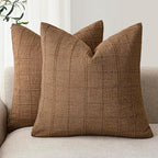 Foindtower Set of 2 Decorative Linen Check Throw Pillow Covers Neutral Farmhouse Vintage Cushion Covers Modern Boho Home Decor for Sofa Chair Couch Bedroom Living Room,18×18 Inch,Brown Hazel