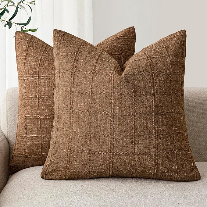 Foindtower Set of 2 Decorative Linen Check Throw Pillow Covers Neutral Farmhouse Vintage Cushion Covers Modern Boho Home Decor for Sofa Chair Couch Bedroom Living Room,16×16 Inch,Brown Hazel