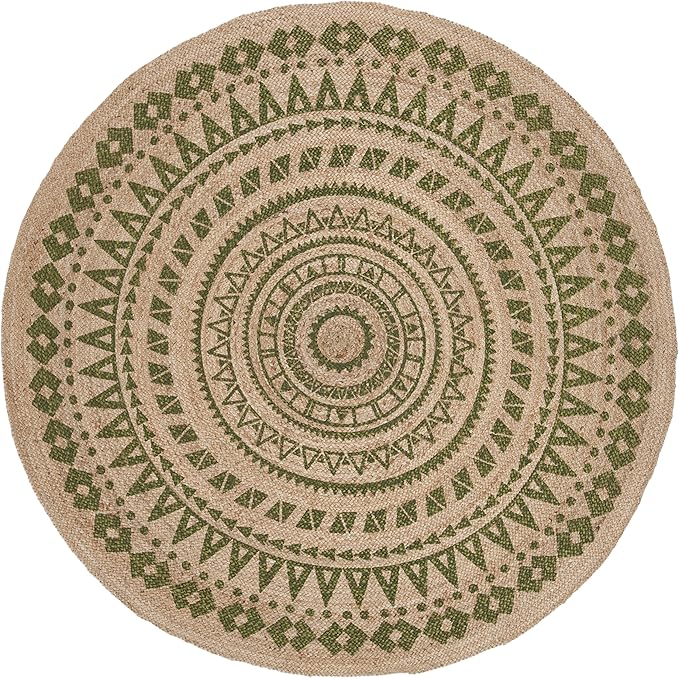 SAFAVIEH Natural Fiber Round Collection 6' Round Green NF802G Handmade Boho Mandala Braided Jute Area Rug