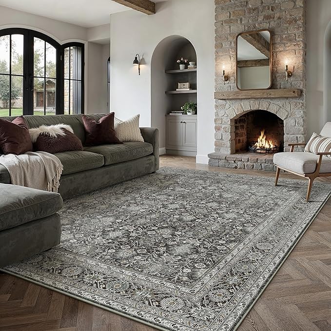 Vintage Area Rug 8x10 Black Washable Living Room Large Carpet Non Slip Bedroom Indoor Office Low Pile Traditional Distressed Retro Accent Rug for Dining Room