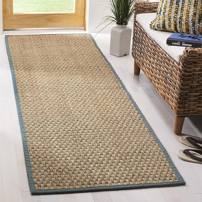 SAFAVIEH Natural Fiber Collection Runner Rug - 2'6" x 8', Natural & Light Blue, Seagrass, Basketweave Pattern with Border (NF114M)