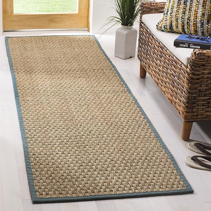 SAFAVIEH Natural Fiber Collection Runner Rug - 2'6" x 10', Natural & Light Blue, Seagrass, Basketweave Pattern with Border (NF114M)