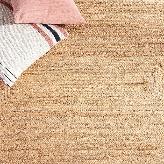 SAFAVIEH Area Rug 8x10 - Natural Fiber Collection - Large - Natural & Blue, Handmade Flat Weave Jute Boho Farmhouse Rustic Border, Ideal for Living Room, Bedroom, Dining Space (NFB852M)