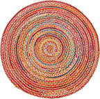 Hausattire Bohemian Braided Rug 3' Round - Multi Color, Small Farmhouse Jute Cotton Area Rag Rugs for Kids Bedroom, Playroom | Colorful Circle Hand Woven Cute Accent Mat